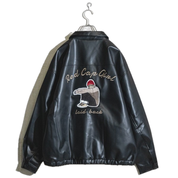 RED CAP GIRL Patch Loose Size PU Leather Jacket