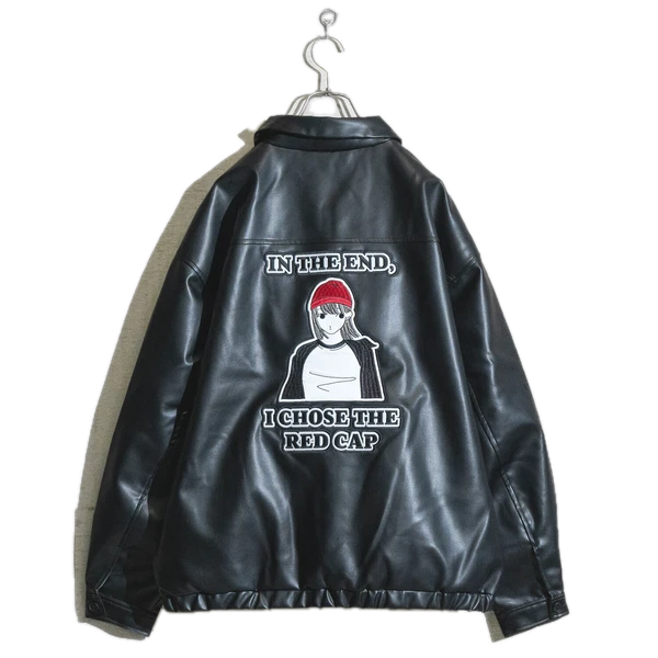 RED CAP GIRL Patch Loose Size PU Leather Jacket