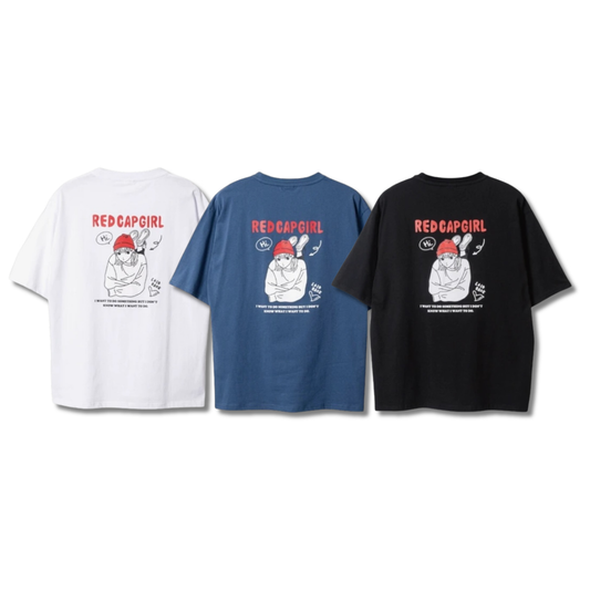 RED CAP GIRL Lying Down Girl Print T-Shirt