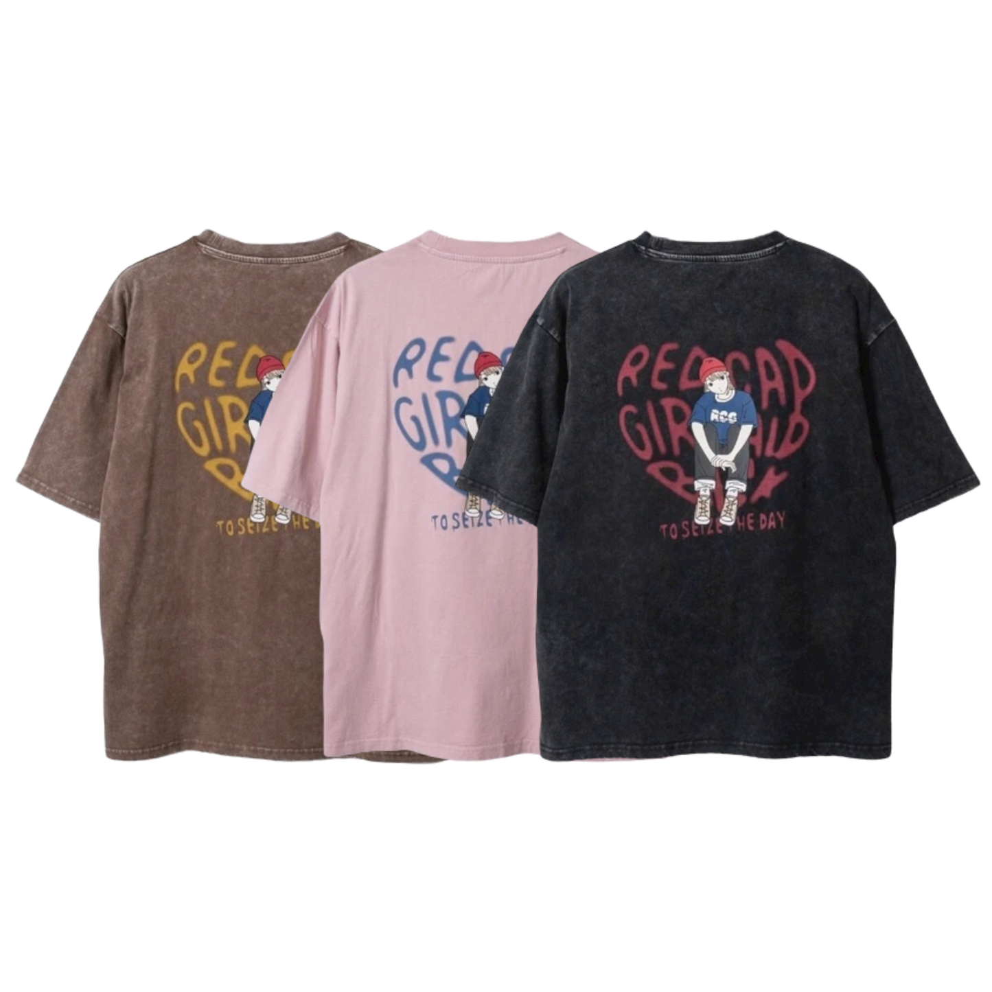RED CAP GIRL Snow Wash Heart Pattern T-Shirt