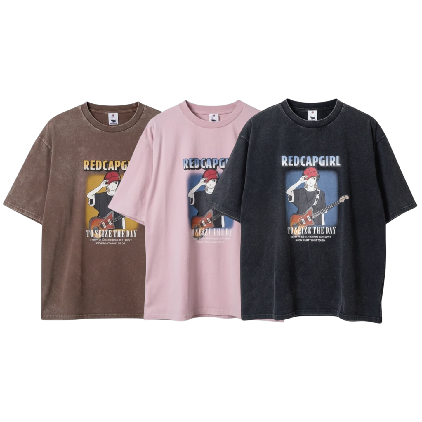 RED CAP GIRL Snow Wash Guitar Pattern T-Shirt