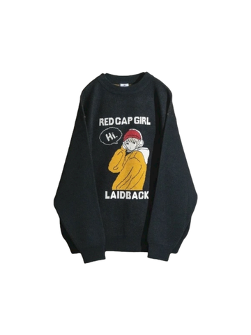 RED CAP GIRL Front Laid Back Knitwear Jacquard Crewneck