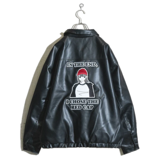 RED CAP GIRL Patch Loose Size PU Leather Jacket