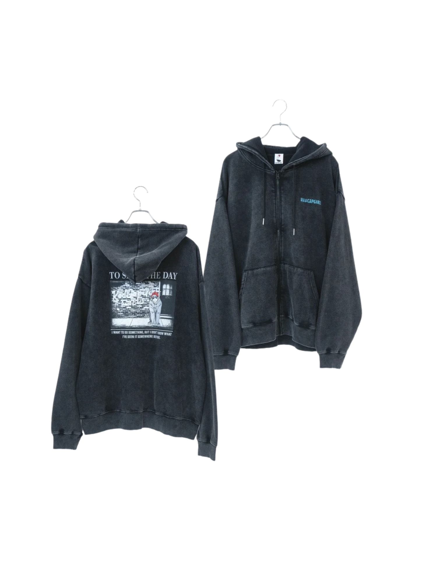 RED CAP GIRL Washed Back Print Zip Hoodie