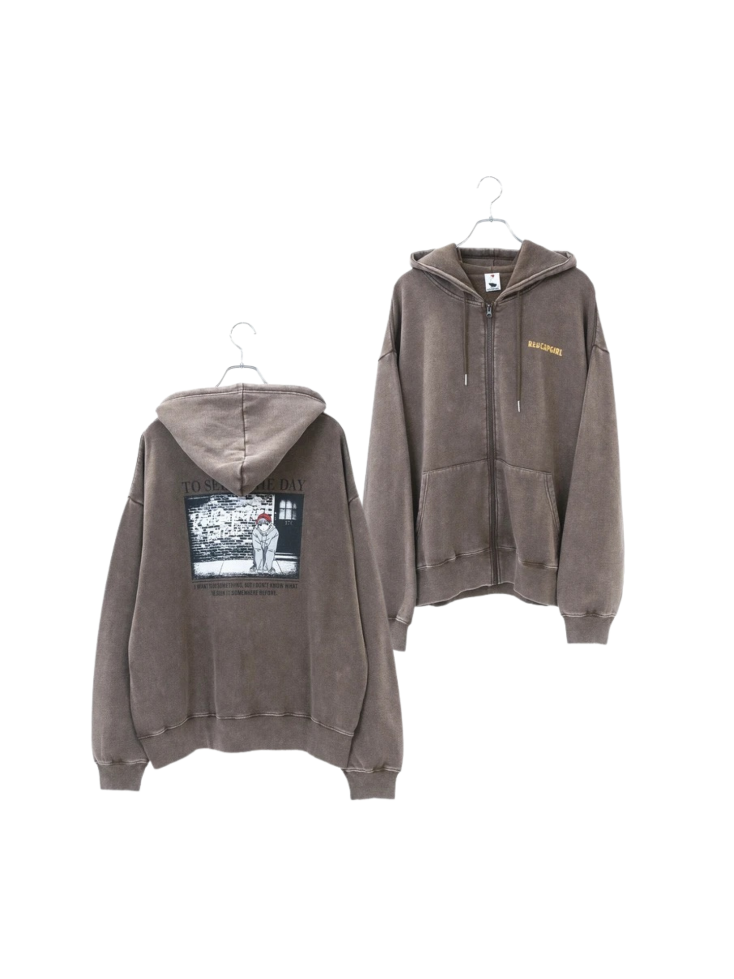 RED CAP GIRL Washed Back Print Zip Hoodie