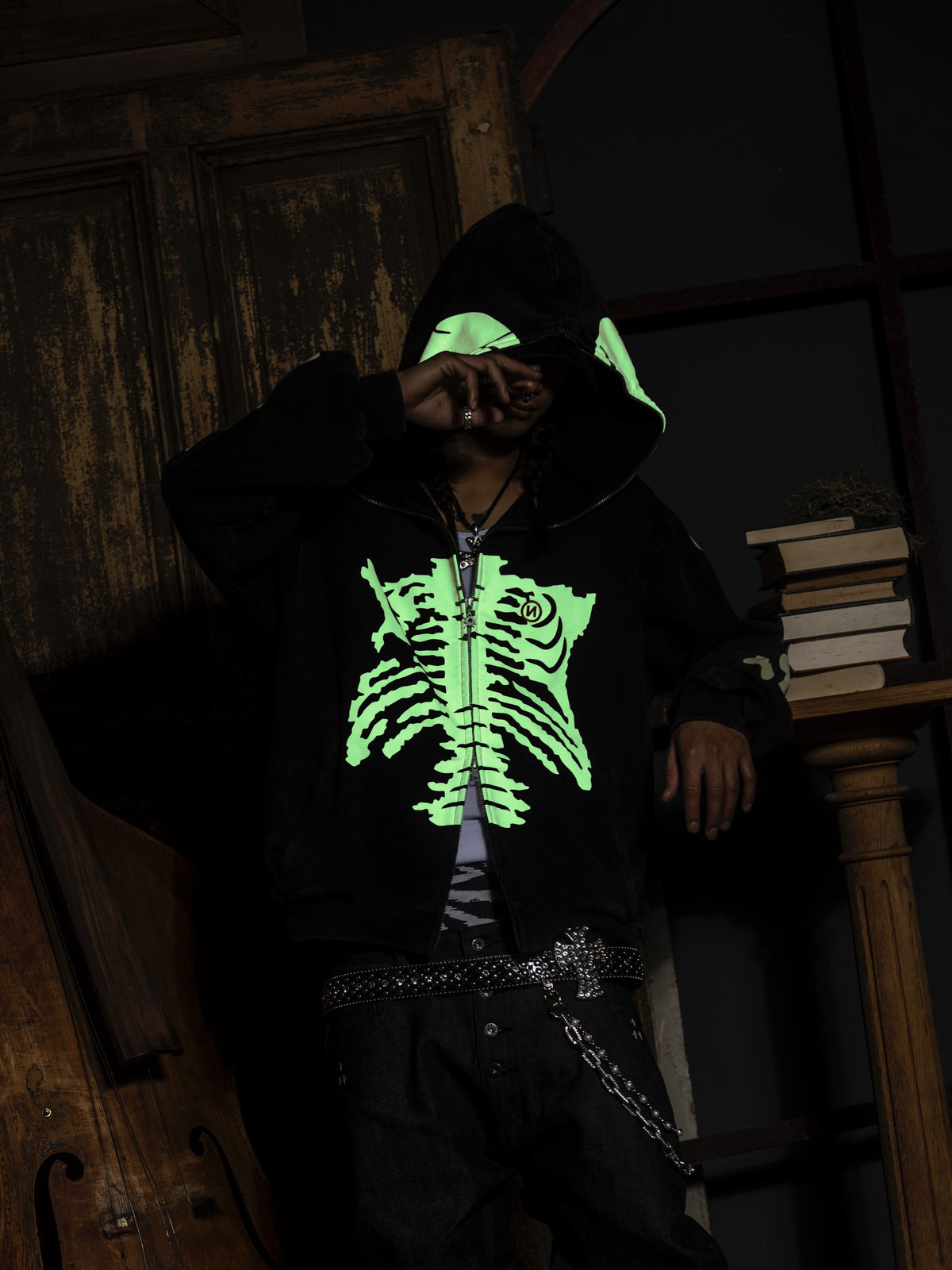 9090 Glow Bone Full Zip Hoodie (Glow in the dark)