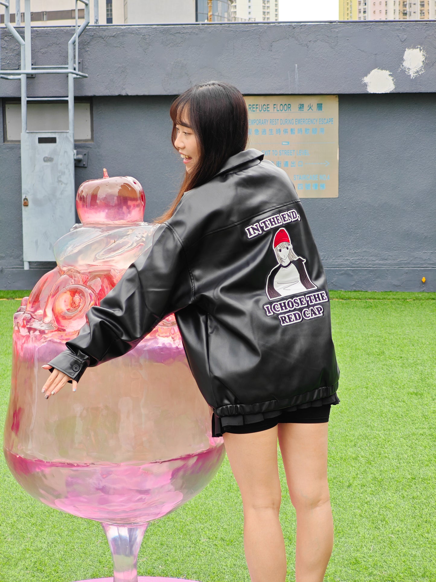 RED CAP GIRL Patch Loose Size PU Leather Jacket