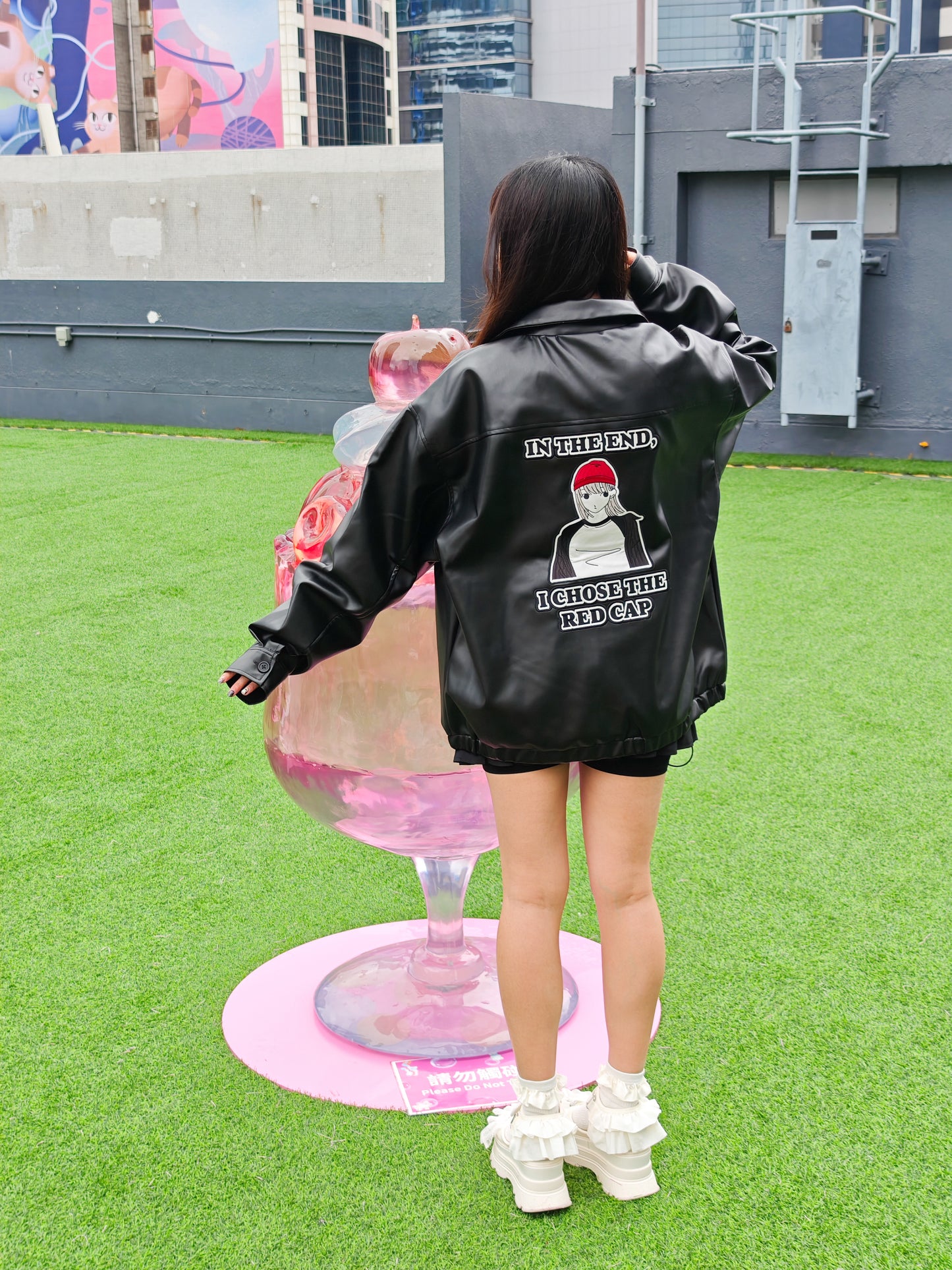 RED CAP GIRL Patch Loose Size PU Leather Jacket