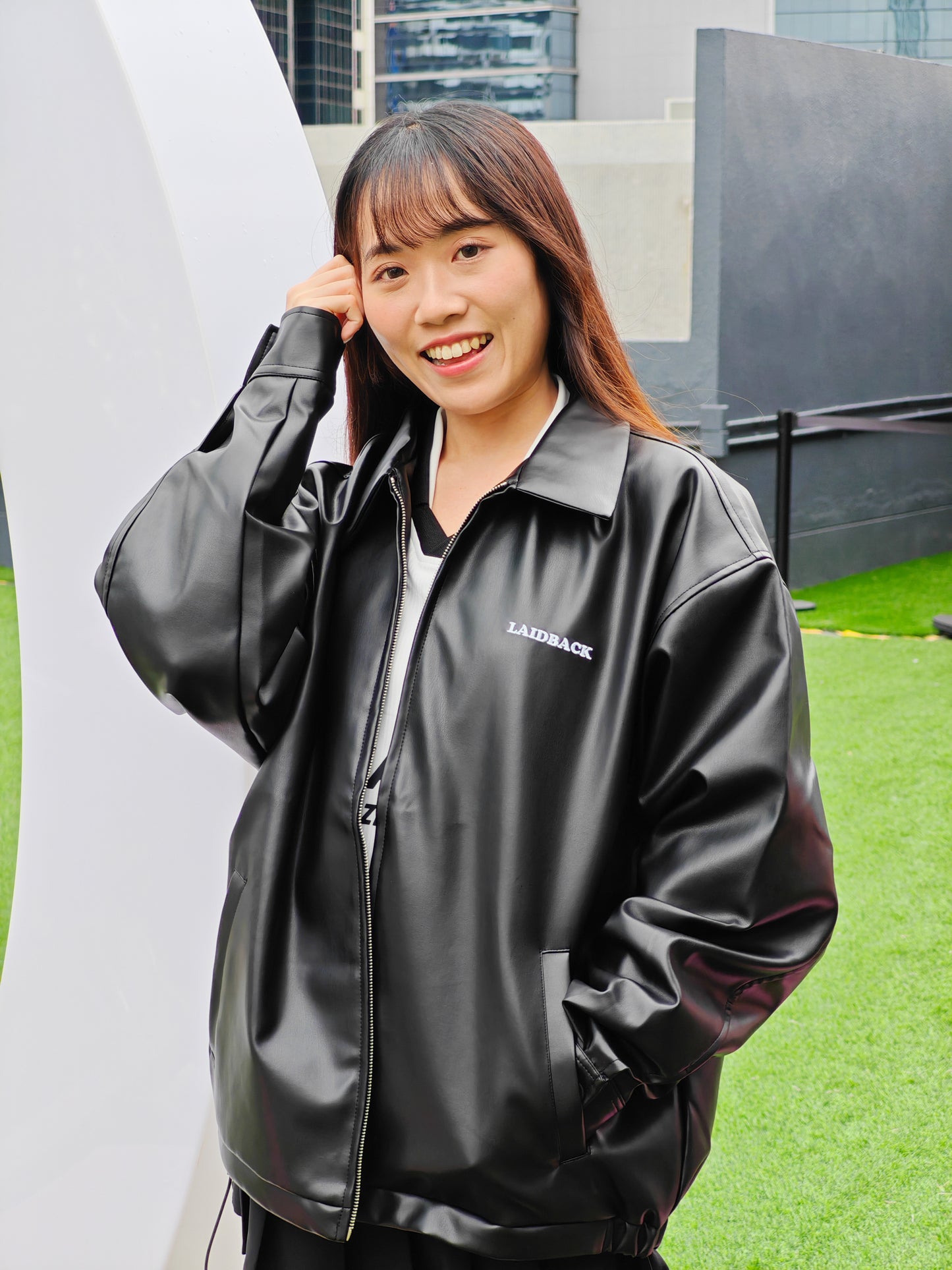 RED CAP GIRL Patch Loose Size PU Leather Jacket