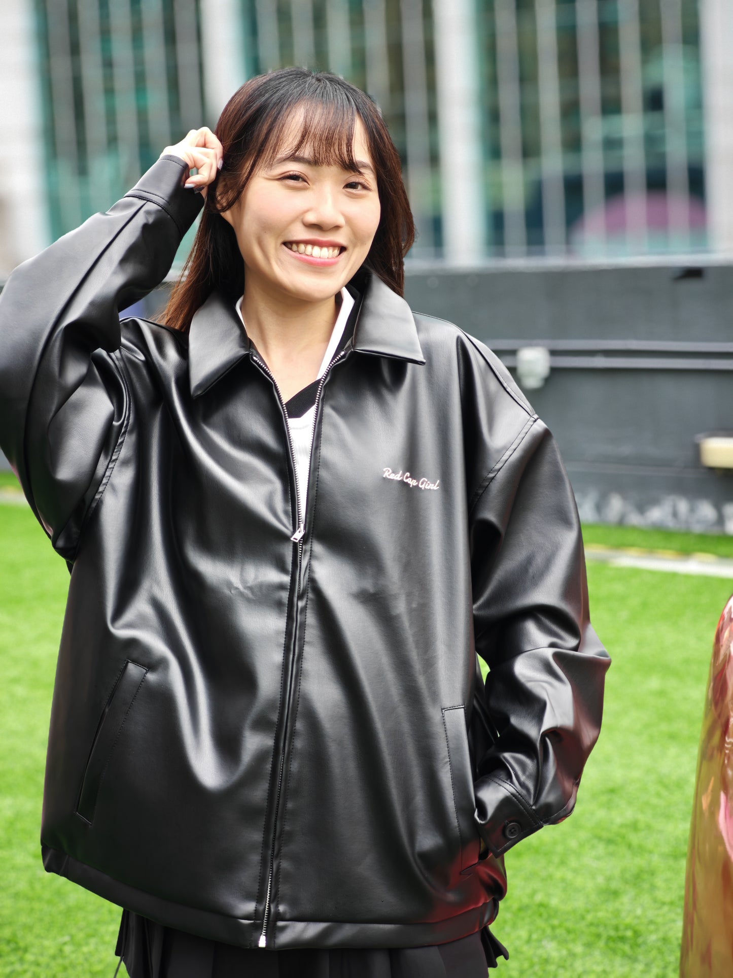 RED CAP GIRL Patch Loose Size PU Leather Jacket