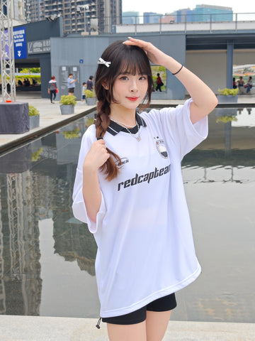 Red Cap Girl Button Shirt Stripe Short Sleeve