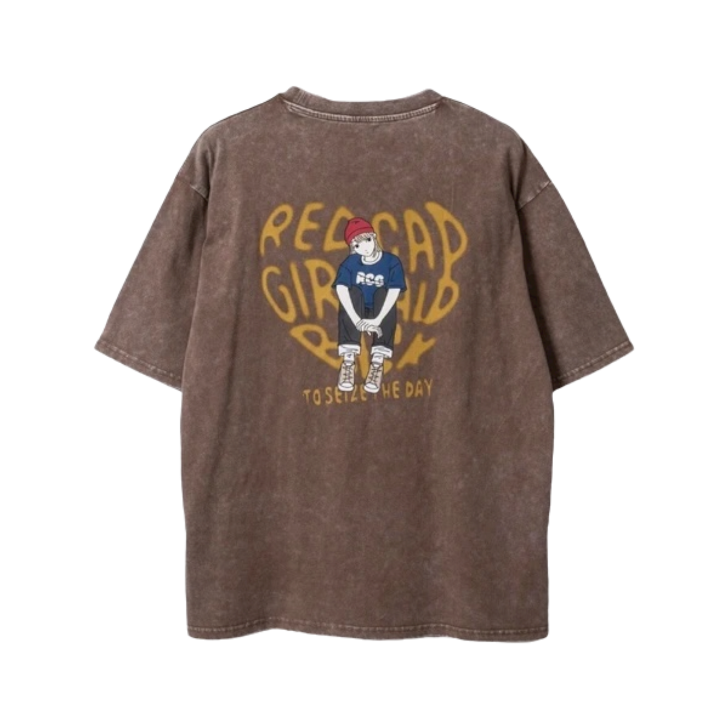 RED CAP GIRL Snow Wash Heart Pattern T-Shirt