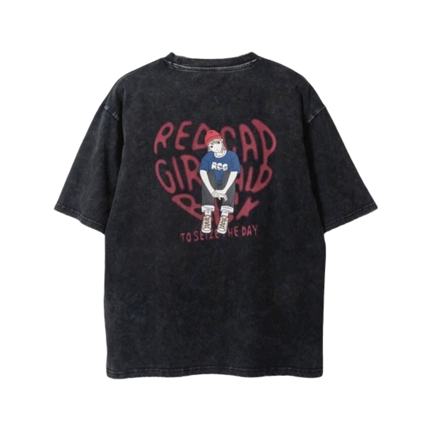 RED CAP GIRL Snow Wash Heart Pattern T-Shirt