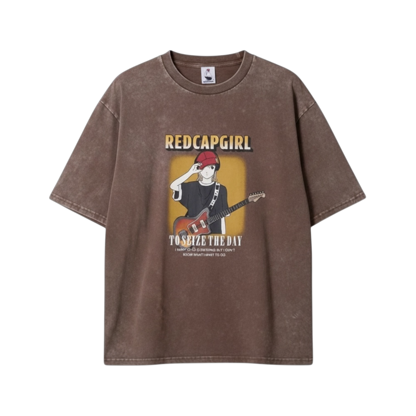 RED CAP GIRL Snow Wash Guitar Pattern T-Shirt