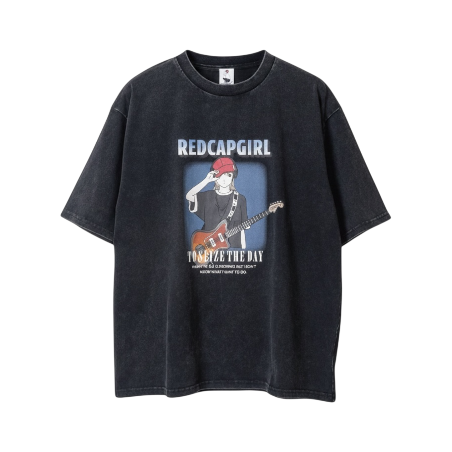 RED CAP GIRL Snow Wash Guitar Pattern T-Shirt